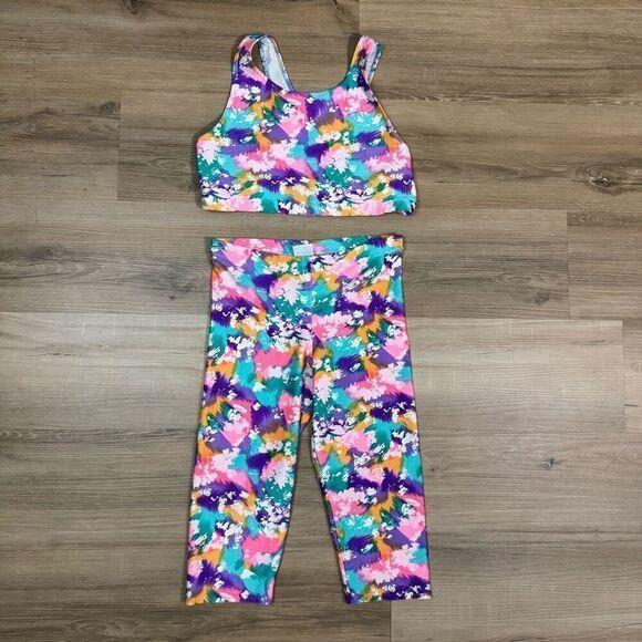 Vintage Pro Spirit M Workout Set 80's Splatter Print Crop Pants Sports Bra Gym - Picture 1 of 5